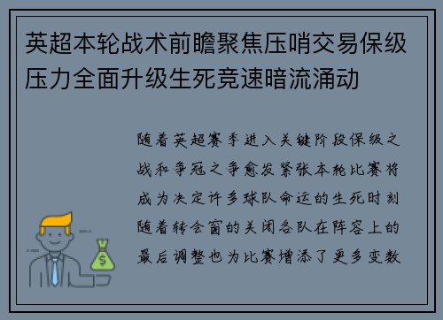 英超本轮战术前瞻聚焦压哨交易保级压力全面升级生死竞速暗流涌动